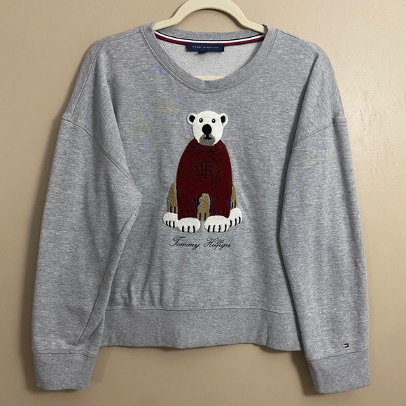 Tommy Hilfiger Polar Bear Looped Appliqué Logo Preppy Gray Sweater Size Large - Picture 2 of 9